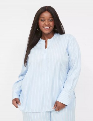 Women Lane Bryant Relaxed Collar Button-Down Shirts Light Blue Stripes | HOP960CK