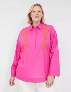 Women Lane Bryant Relaxed Collared Embroidered Tunic Shirts Fuchsia | FAX5421WJ