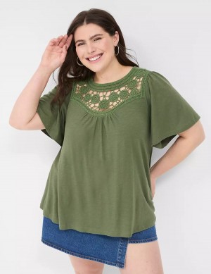 Women Lane Bryant Relaxed Crochet Crew-Neck Top T Shirts Brown Green | IBB8693PK