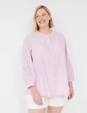 Women Lane Bryant Relaxed Eyelet-Sleeve Button-Front Blouse Purple | JLA51100GW