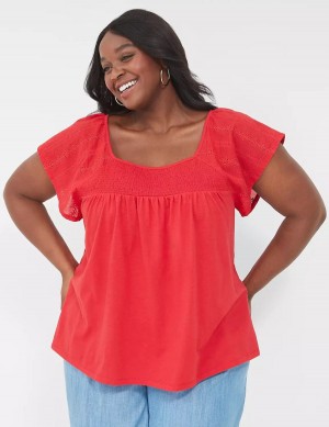 Women Lane Bryant Relaxed Eyelet-Sleeve Smocked-Neck Top T Shirts Red | WCE625HE