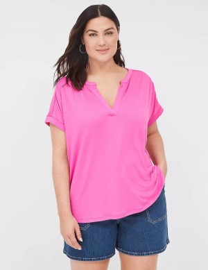 Women Lane Bryant Relaxed Gauze Notch-Neck Shirts Pink | BHX618PP