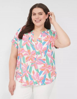 Women Lane Bryant Relaxed Gauze Notch-Neck Shirts Pink Blue | BHV8188XJ