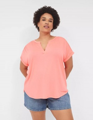 Women Lane Bryant Relaxed Gauze Notch-Neck Shirts Coral | JKE8091KU