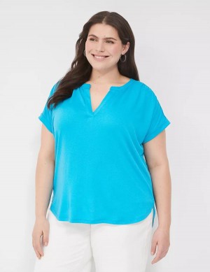 Women Lane Bryant Relaxed Gauze Notch-Neck Shirts Blue | NCG9569SD