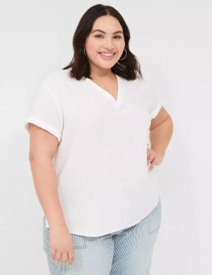 Women Lane Bryant Relaxed Gauze V-Neck Popover Shirts White | TCW4127US