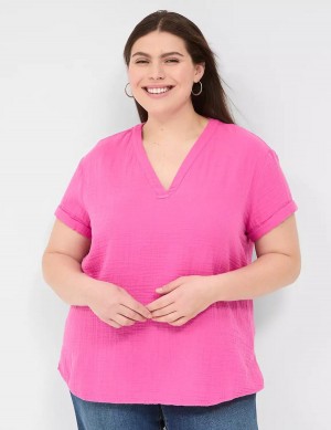 Women Lane Bryant Relaxed Gauze V-Neck Popover Shirts Fuchsia | EIV8036HM