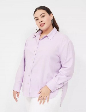 Women Lane Bryant Relaxed Linen Button-Down Shirts Purple | PXV5438RL