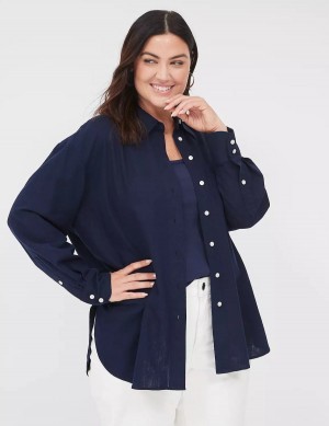 Women Lane Bryant Relaxed Linen Button-Down Shirts Blue | CMQ6283ZK