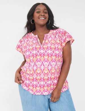 Women Lane Bryant Relaxed Notch-Neck Woven & Knit Top T Shirts Pink | EXF8827AD