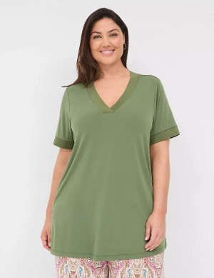 Women Lane Bryant Relaxed Short-Sleeve V-Neck Top T Shirts Brown Green | NKQ3462FD