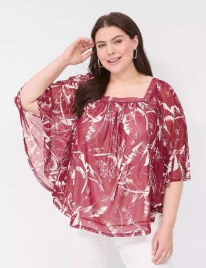 Women Lane Bryant Relaxed Square-Neck Trimmed Circle Drama Top Blouse Burgundy | EBX2962IF