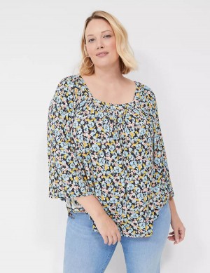 Women Lane Bryant Relaxed Square-Neck Trimmed Circle Drama Top Blouse Blue Coral | NFO4470IF