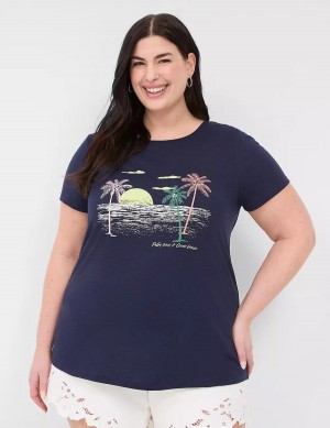 Women Lane Bryant Rhinestone Palm Trees & Ocean Breeze Graphic Tee T Shirts Blue | RZZ941WC