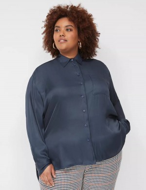 Women Lane Bryant Satin Button-Down Boyfriend Shirts Blue | HIL9148SX