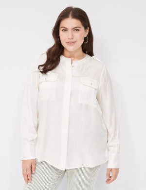 Women Lane Bryant Satin Long-Sleeve Button-Front Blouse White Rose | UEQ1360QP