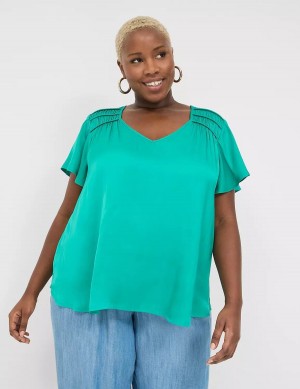 Women Lane Bryant Satin Smocked-Shoulder Blouse Light Turquoise | HUO7036AZ