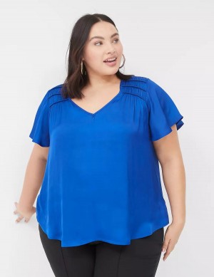 Women Lane Bryant Satin Smocked-Shoulder Blouse Blue | KPG6432SX