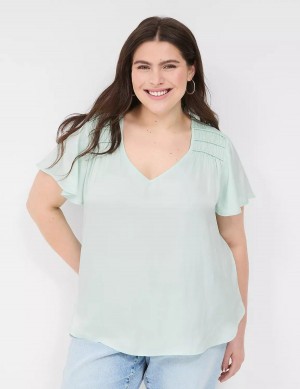 Women Lane Bryant Satin Smocked-Shoulder Blouse Light Green | GLU5959DK