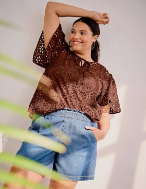 Women Lane Bryant Sheer Flutter-Sleeve Eyelet Top T Shirts Brown | QLR4544ZE