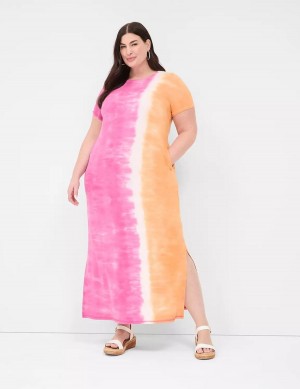 Women Lane Bryant Short-Sleeve Side-Slit Tie Dye Maxi Dress Pink Orange | GAO5552VB