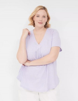 Women Lane Bryant Short-Sleeve V-Neck Top T Shirts Purple Stripes | PFC5340JI