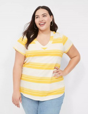 Women Lane Bryant Short Sleeve V-Neck Top T Shirts Yellow Stripes | RUP6248FA