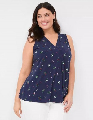 Women Lane Bryant Sleeveless Pleat-Front Top Tank Top Navy Multicolor | EDF5786AM