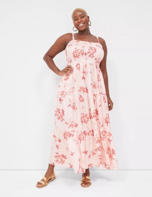 Women Lane Bryant Sleeveless Tiered Maxi Dress White Pink | QRL9667HA