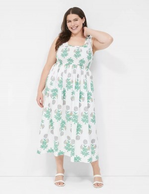 Women Lane Bryant Smocked-Bodice Midi Dress White Green | VTA6395FS