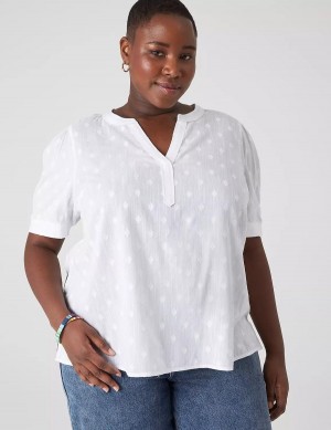 Women Lane Bryant Split-Neck Jacquard Popover Blouse White | RIU4490MB