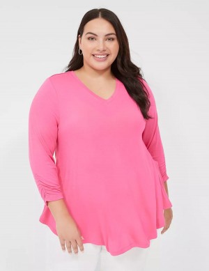 Women Lane Bryant Swing 3/4 Ruched-Sleeve Top T Shirts Fuchsia | FXI3985YN