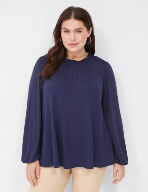 Women Lane Bryant Swing Crew-Neck Smocked-Shoulder Top Blouse Blue | TYB1999ZT