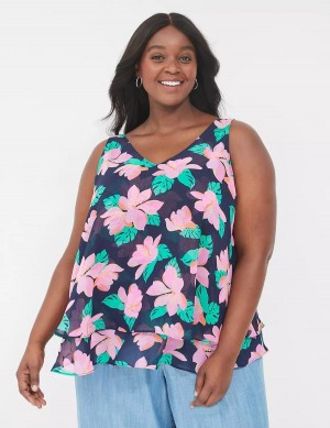 Women Lane Bryant Swing Double-Layer Chiffon Tank Top Pink Navy | HEO3177TC