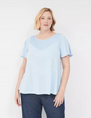 Women Lane Bryant Swing Flutter-Sleeve Smocked-Yoke Top T Shirts Blue | QRV3526QD