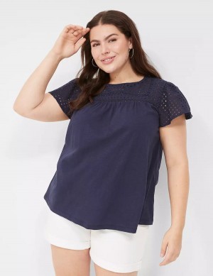 Women Lane Bryant Swing Flutter Sleeve Eyelet & Knit Tee T Shirts Blue | TCB7682SZ