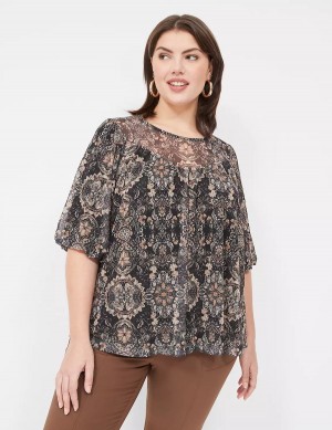 Women Lane Bryant Swing Perfect Puff-Sleeve Mesh Top Blouse Black | LMP9920SV