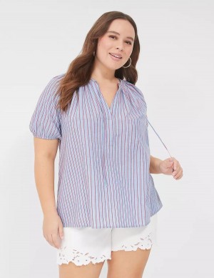 Women Lane Bryant Swing Short-Sleeve Notch-Neck Blouse Blue Stripes | ILZ962NX