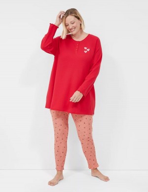 Women Lane Bryant Thermal Cotton Lettuce-Edge Henley Tee & Legging PJ Set Pajamas Red Multicolor | VPN5486ZI