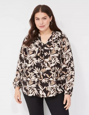 Women Lane Bryant Tie-Neck Popover Blouse Cream Brown Black | RMW872XE