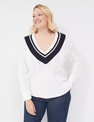 Women Lane Bryant V-Neck Cable Pullover Sweaters White | BSF5083RK