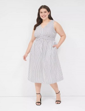 Women Lane Bryant V-Neck Elastic-Waist Midi Dress White Black Stripes | YXR845ZI