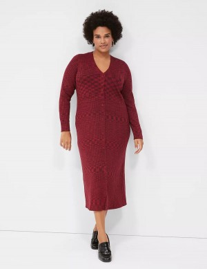 Women Lane Bryant V-Neck Rib Sweater Midi Dress Dark Red | VZL9227RT