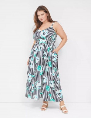 Women Lane Bryant V-Neck Ruched-Waist Maxi Dress Navy Stripes | YMI368QT