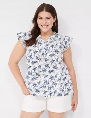 Women Lane Bryant Woven & Knit Cap Flutter-Sleeve Top Blouse Blue White | OBA7931IT