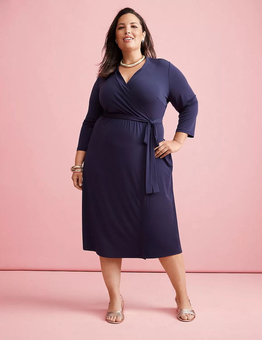 Women Lane Bryant 3/4-Sleeve Faux-Wrap Jersey Midi Dress Blue | URB5991IX