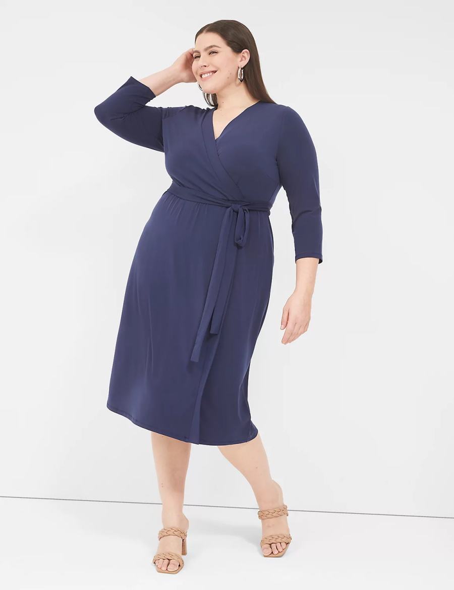 Women Lane Bryant 3/4-Sleeve Faux-Wrap Jersey Midi Dress Blue | URB5991IX