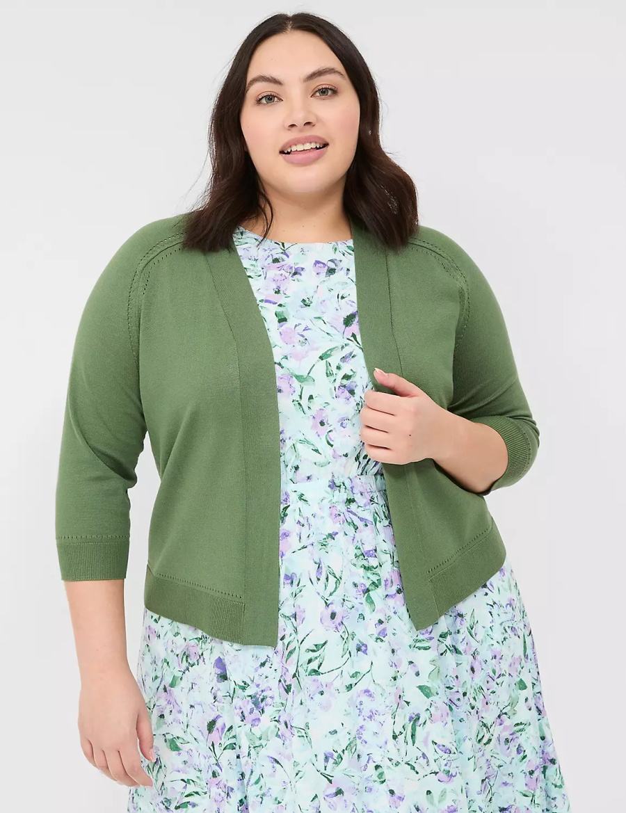 Women Lane Bryant 3/4-Sleeve Open-Front Shrug Sweaters Brown Green | RGE2735TL