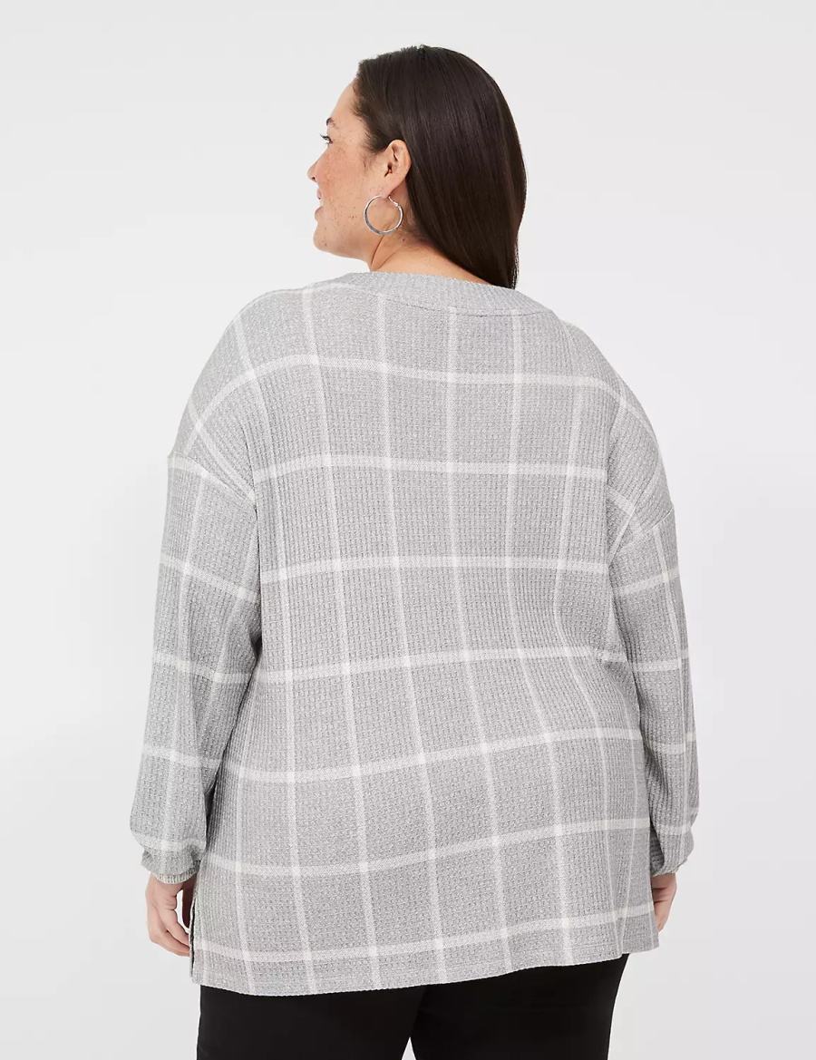 Women Lane Bryant Blouson-Sleeve V-Neck Waffle Tunic T Shirts Grey | XWR665AP