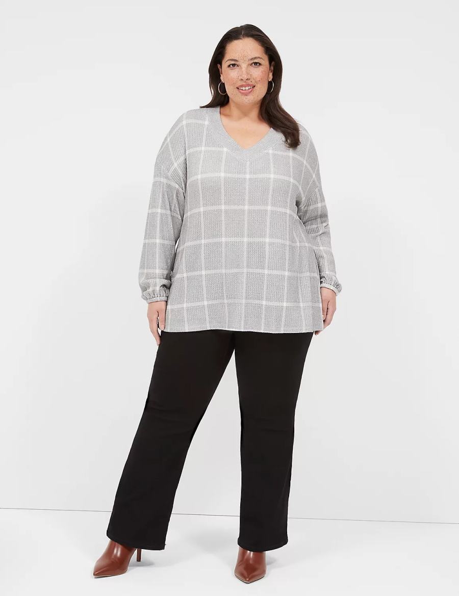 Women Lane Bryant Blouson-Sleeve V-Neck Waffle Tunic T Shirts Grey | XWR665AP